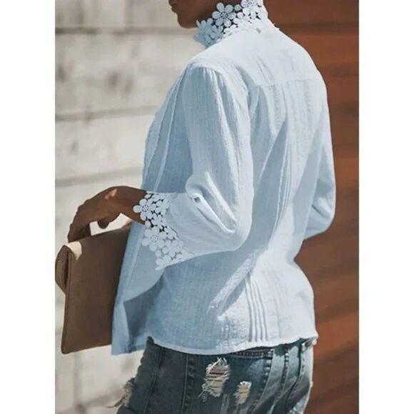 Boho Pastel Blue Crochet Lace Cut Out V-Neck 3/4 Sleeve Top Blouse - Picture 5 of 8